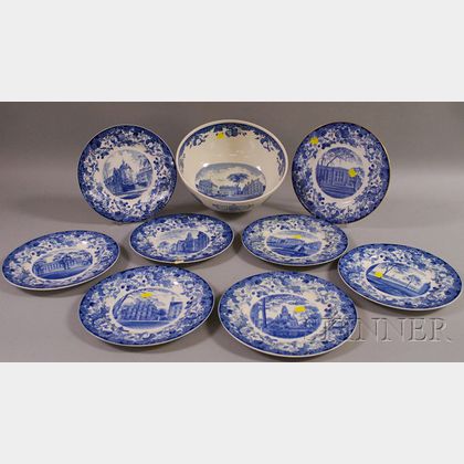 Eight Wedgwood Blue and White Harvard University Ceramic Plates and a Punch Bowl. 