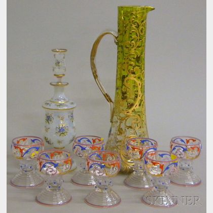 Nine Pieces of Bohemian Enamel-decorated Colored and Colorless Art Glass
