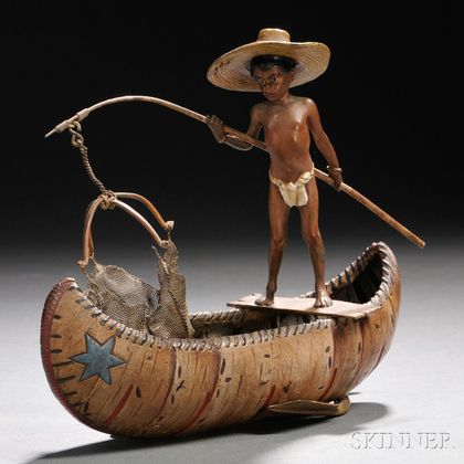 Franz Bergman Cold-painted Bronze Figure of a Boy in a Canoe