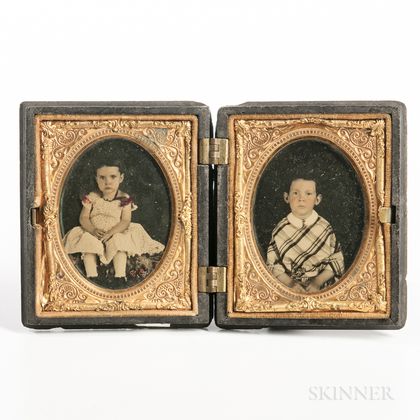 Pair of Ninth-plate Tinted Ruby Ambrotypes of a Sister and Brother