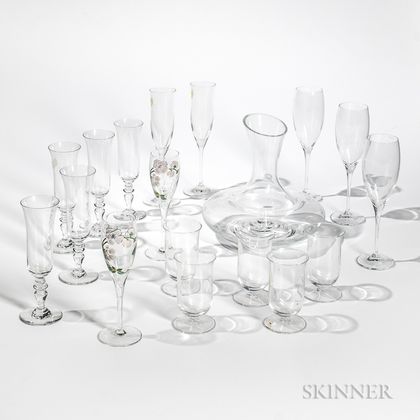 Group of Glass Barware, including a decanter, a pair of Steuben champagne flutes, three Dom Perignon flutes, three Perrier Jouet cham 