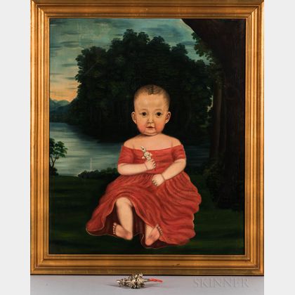 American School, 19th Century Portrait of a Child in a Red Dress Holding a Silver Rattle