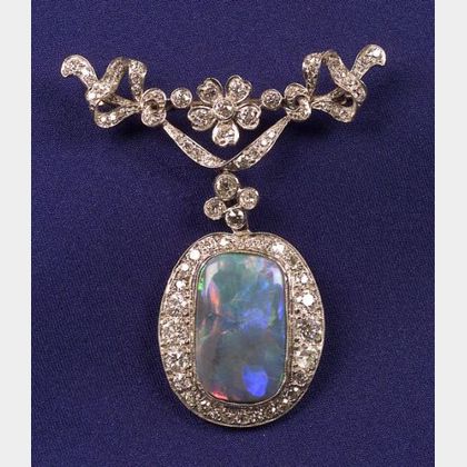 Art Deco Platinum, Black Opal and Diamond Pendant