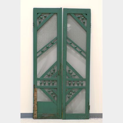 Pair of Late Victorian Green-painted Ball and Stick Screen Doors
