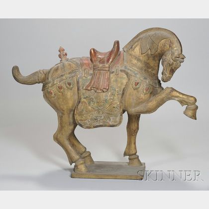 Large Asian Carved and Painted Giltwood T'ang-style Horse
