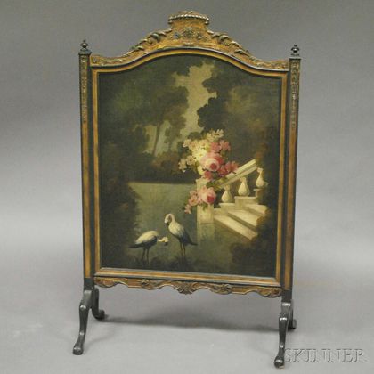 Late Victorian Parcel-gilt and Ebonized Gesso and Wood Firescreen with Painted Scenic Central Panel