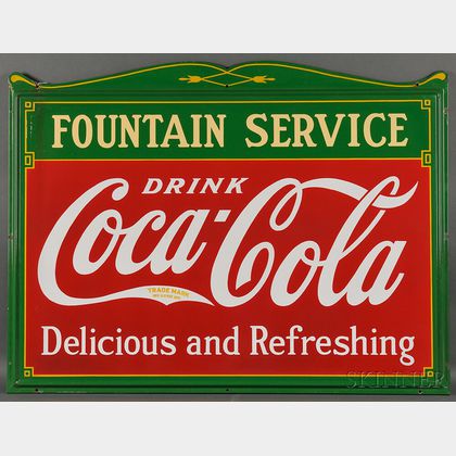 Large Enamel-decorated "FOUNTAIN SERVICE" Coca-Cola Advertising Sign