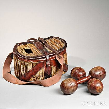 Fishing Creel and Pair of Wooden Dumbbells