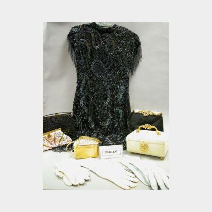 Five Lady&#39;s Bags, a Collection of Gloves, and 1980s Leslie Fay Black Sequined Silk Dress
