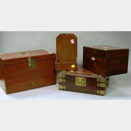 Wooden Wall Box, Asian Brass Mounted Wooden Jewelry Box, Red Stained Wooden Apothecary Box, and a Rosewood Veneer Tea Caddy. 