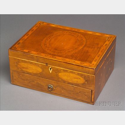 Inlaid Tiger Maple and Maple Veneer Sewing Box with Sewing Implements