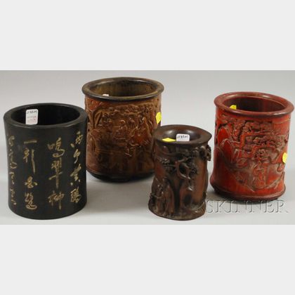 Four Asian Carved Wood and Bamboo Brush Pots. 