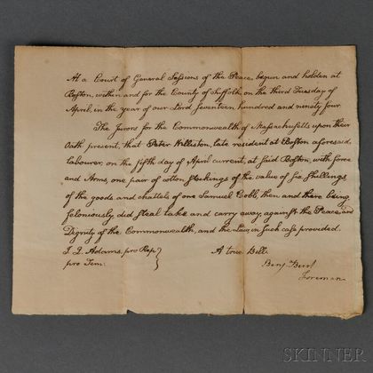 Adams, John Quincy (1767-1848) Autograph Document Signed, April, 1794.