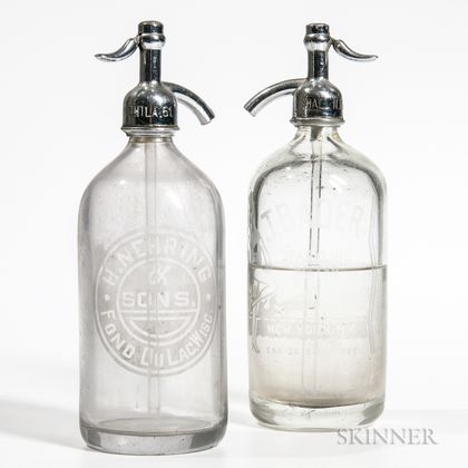 Two Etched Glass H. NEHRING and J. BADER Seltzer Bottles, probably Czechoslovakia, 20th century, each with marked chromed cap toppe 