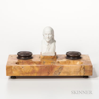 Marble Inkwell with a Parian Bust of Benjamin Franklin