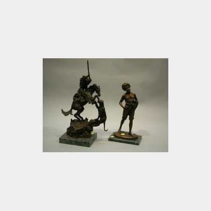 Remington-style Patinated Figure of a Man and Horse and a Bronze Figure of a Whistler. 