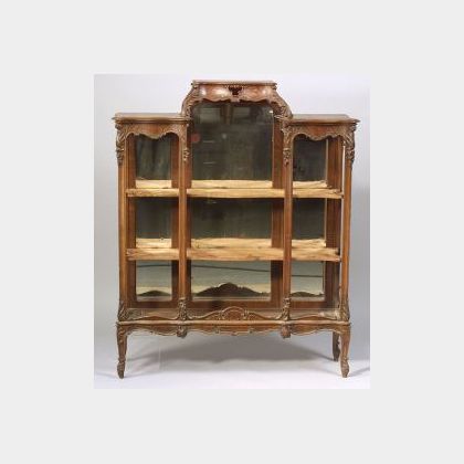 Louis XV Style Carved Walnut and Rosewood Veneer Mirrored Open Display Cabinet. 