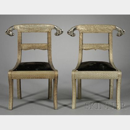 Pair of Anglo-Indian Regency-style Silvered Metal-mounted Side Chairs