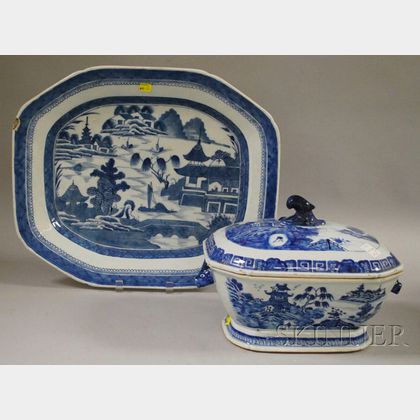Blue and White Chinese Export Porcelain Platter and Covered Tureen