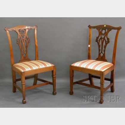 Pair of Georgian-style Carved Mahogany Side Chairs with Upholstered Slip Seats