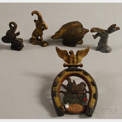 Three Figural Cast Iron Bottle Openers, a Shell-form Bank, and Horseshoe Plaque