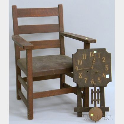 Arts & Crafts Naugahyde Upholstered Oak Slat-back Armchair and a Wall Clock