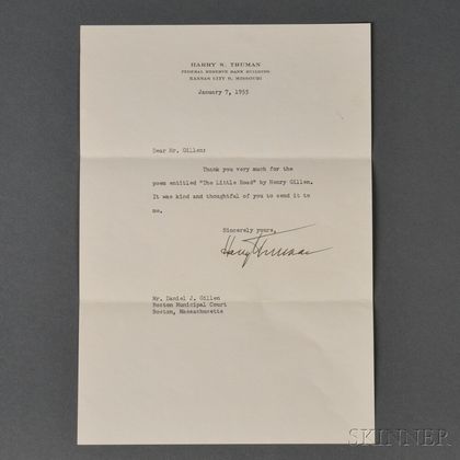 Truman, Harry S. (1884-1972) Typed Letter Signed, 7 January 1955.