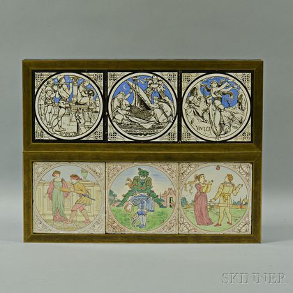 Two Framed Sets of Three Mintons Tiles Attributed to Walter Crane