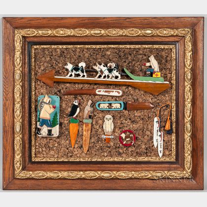 Framed Collection of Carved and Painted Grenfell-style Items
