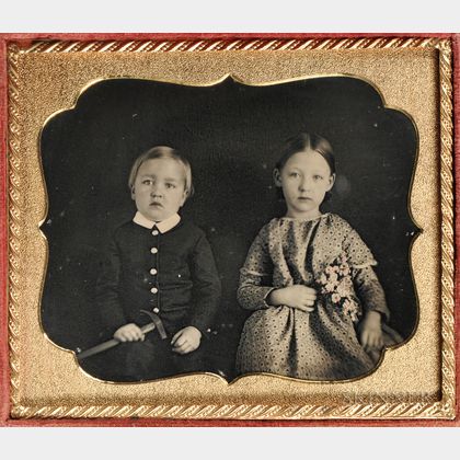 Sixth-plate Tinted Daguerreotype of a Brother and Sister