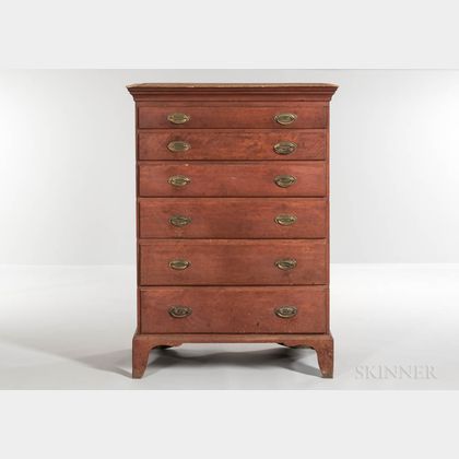 Red-painted Birch and Cherry Tall Chest of Six Drawers