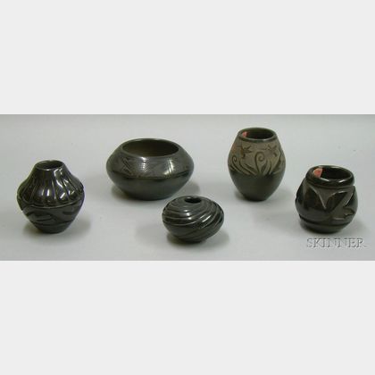 Five Pieces of Contemporary Southwest Native American Carved and Decorated Blackware Pottery