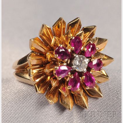 Retro 14kt Gold, Ruby, and Diamond Flower Ring, Cartier