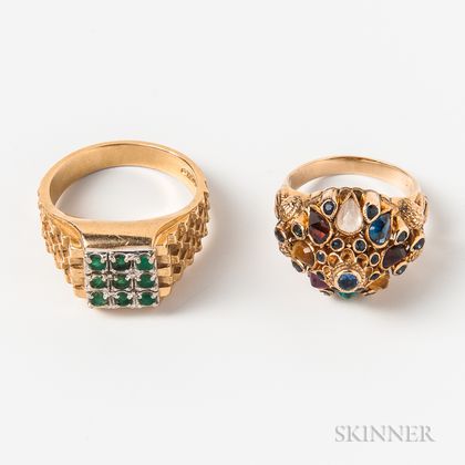 14kt Bicolor Gold and Emerald Ring and a 14kt Gold Gem-set Ring