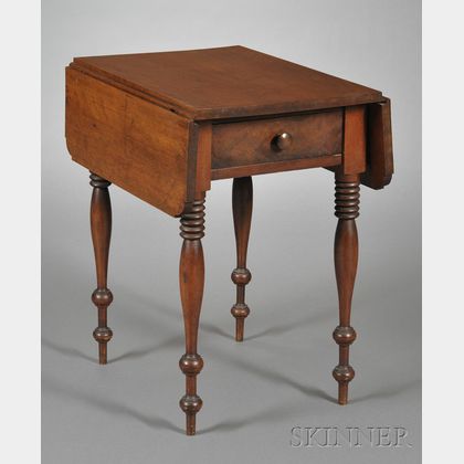 Classical Birch and Mahogany Veneer Drop-leaf One-drawer Stand with Turned Legs