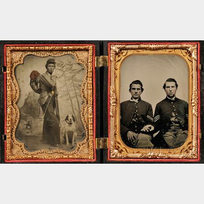 Two Quarter Plate Tintypes of a Standing Soldier and Dog, and Two Seated Soldiers