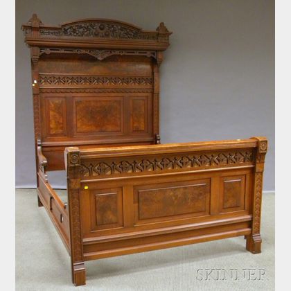 Three-piece Victorian Aesthetic Movement Marble-top Carved Walnut Bedroom Set