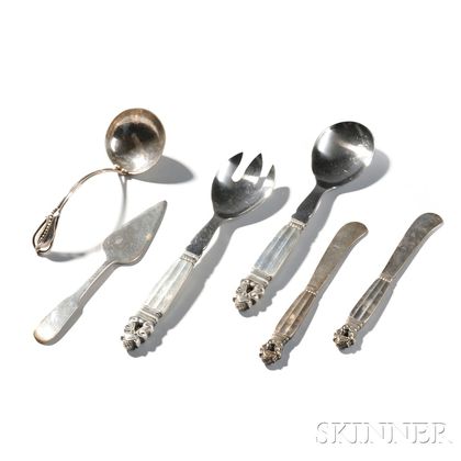 Six Sterling Serving Items including Four Georg Jensen, One Old Newbury Crafters 