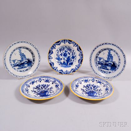 Five Delft Blue- and White-decorated Plates