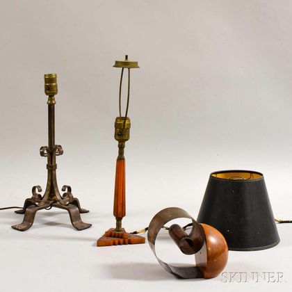 Bakelite Table Lamp, a Wrought Iron Table Lamp, and a Revere Copper and Wood Spiral-form Bookend. Estimate $20-200