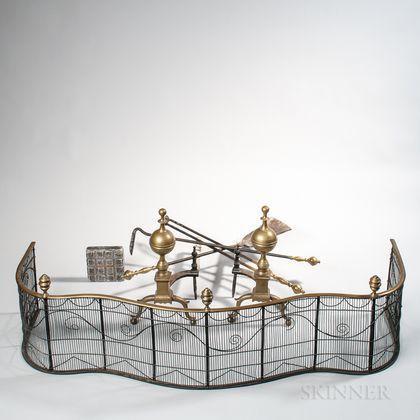 Pair of Brass and Iron Ball-top Andirons, Matching Tools, and a Wirework Fender