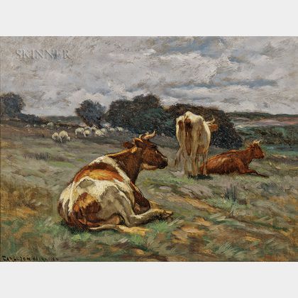 Carleton Wiggins (American, 1848-1932) Cows Resting under a Cloudy Sky