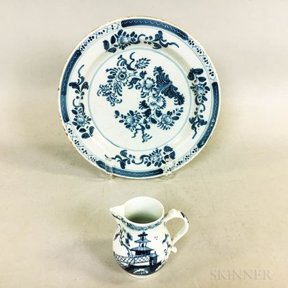 Blue and White Tin-glazed Earthenware Plate and a Blue and White Cream Jug