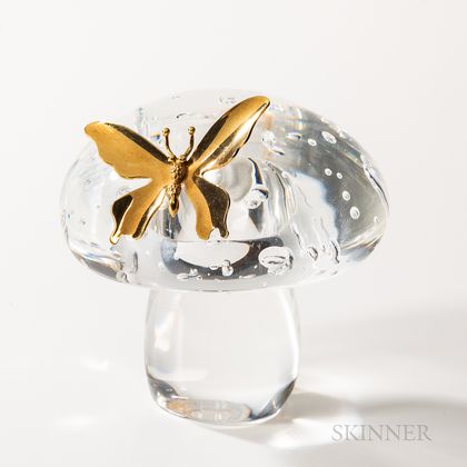 Steuben Sterling Silver, 18kt Gold, and Glass "Mushroom and Butterfly" Sculpture