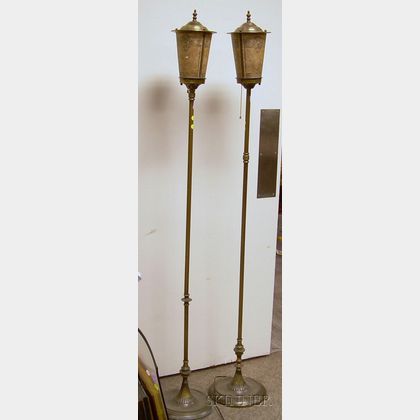 Pair of Art Deco Brass and Paint Decorated Mica Floor Lamps. 