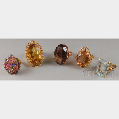 Five Gold and Gemstone Cocktail Rings