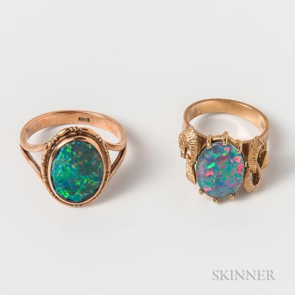 Two 9kt Gold and Opal Doublet Rings