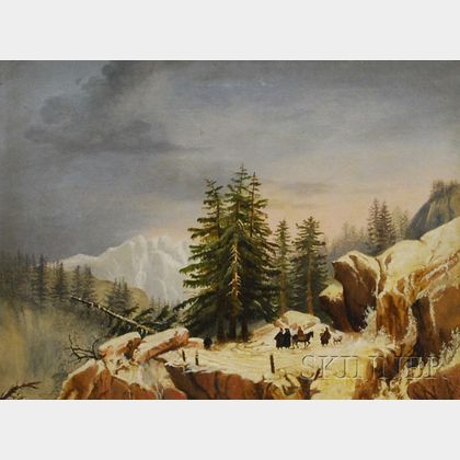Framed Oil on Canvas Alpine Landscape with Figures
