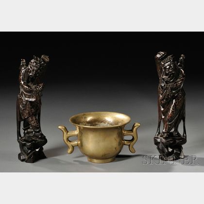 Bronze Censer and Pair of Silver-inlaid Wood Carvings