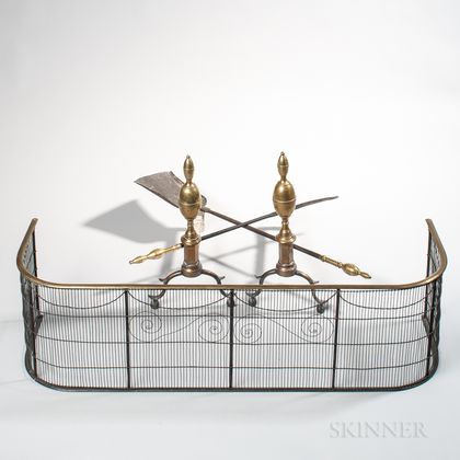 Pair of Brass and Iron Double Lemon-top Andirons, Matching Tools, and Wirework Fender